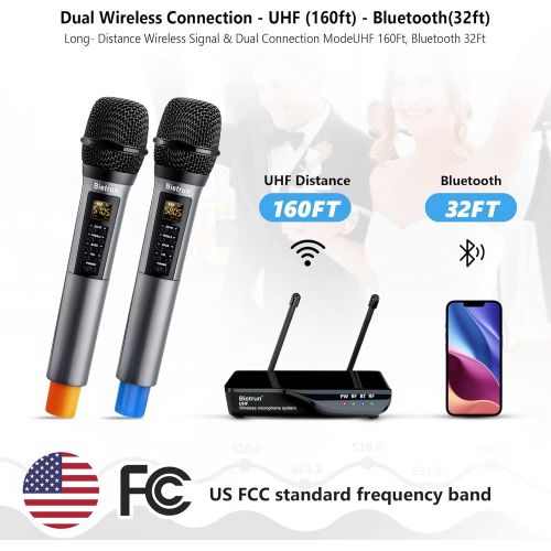  Bietrun Wireless Microphone with Echo, Treble, Bass & Bluetooth, 160 FT Range, UHF Portable Dual Handheld Karaoke Dynamic Microphone System, for Karaoke Machine, Party Singing, Wed