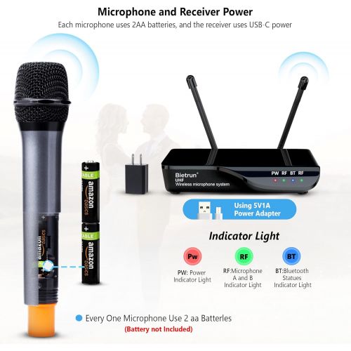  Bietrun Wireless Microphone with Echo, Treble, Bass & Bluetooth, 160 FT Range, UHF Portable Dual Handheld Karaoke Dynamic Microphone System, for Karaoke Machine, Party Singing, Wed