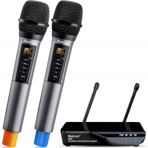  Bietrun Wireless Microphone with Echo, Treble, Bass & Bluetooth, 160 FT Range, UHF Portable Dual Handheld Karaoke Dynamic Microphone System, for Karaoke Machine, Party Singing, Wed