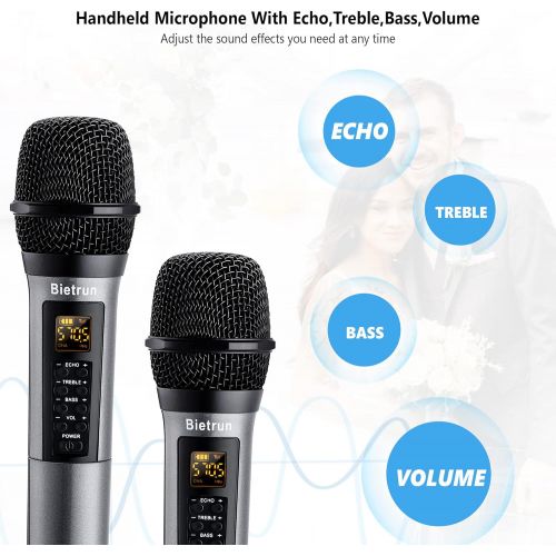  Bietrun Wireless Microphone with Echo, Treble, Bass & Bluetooth, 160 FT Range, UHF Portable Dual Handheld Karaoke Dynamic Microphone System, for Karaoke Machine, Party Singing, Wed