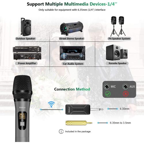  Bietrun Wireless Microphone, UHF Wireless Dual Handheld Dynamic Mic System Set with Rechargeable Receiver, 160ft Range, 6.35mm(1/4) Plug, for Karaoke, Voice Amplifier, PA System, Singing M