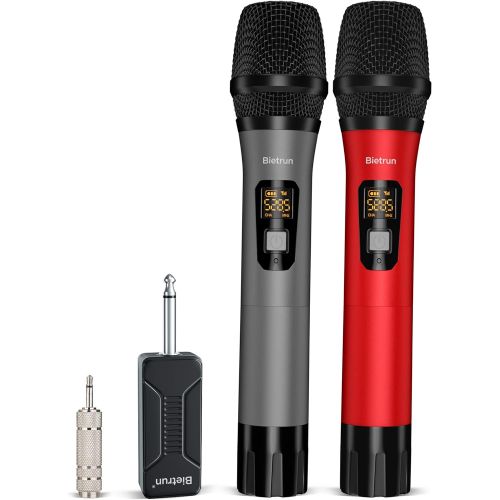  Bietrun Wireless Microphone, UHF Wireless Dual Handheld Dynamic Mic System Set with Rechargeable Receiver, 160ft Range, 6.35mm(1/4) Plug, for Karaoke, Voice Amplifier, PA System, Singing M