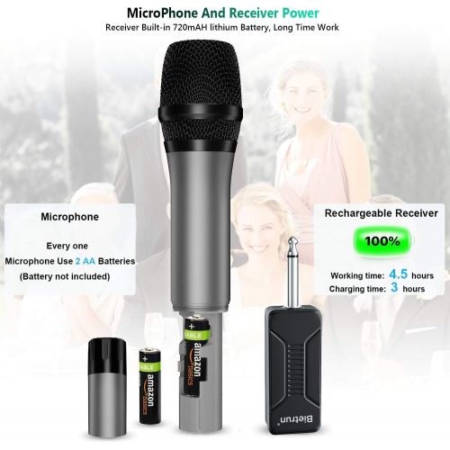  Bietrun Wireless Microphone, UHF Wireless Dual Handheld Dynamic Mic System Set with Rechargeable Receiver, 160ft Range, 6.35mm(1/4) Plug, for Karaoke, Voice Amplifier, PA System, Singing M