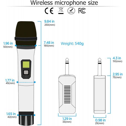  Bietrun Wireless Microphone, UHF Wireless Dual Handheld Dynamic Mic System Set with Rechargeable Receiver, 160ft Range, 6.35mm(1/4) Plug, for Karaoke, Voice Amplifier, PA System, Singing M