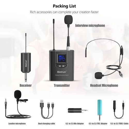  [아마존베스트]Bietrun Wireless Headset Lavalier Microphone System/Lapel Mic/Stand Mic, UHF Wireless Microphone System, Rechargeable Rx＆Tx, 1/4 Output, for iPhone, DSLR Camera, AMP, PA Speaker, Video Rec