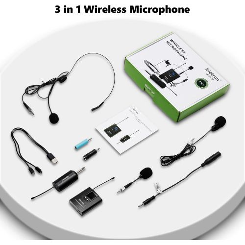  [아마존베스트]Bietrun Wireless Headset Lavalier Microphone System/Lapel Mic/Stand Mic, UHF Wireless Microphone System, Rechargeable Rx＆Tx, 1/4 Output, for iPhone, DSLR Camera, AMP, PA Speaker, Video Rec