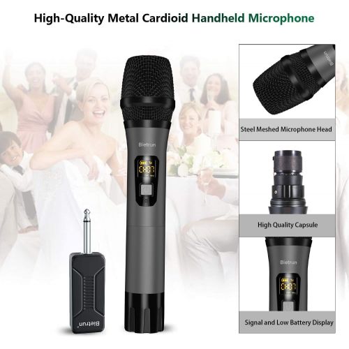  Bietrun Wireless Microphone, UHF Metal Dynamic Handheld Karaoke Mic with Rechargeable Receiver (Work 6hs), 160ft Range, For Karaoke Machine Singing, Amplifier Speaker, Mixer, Speec