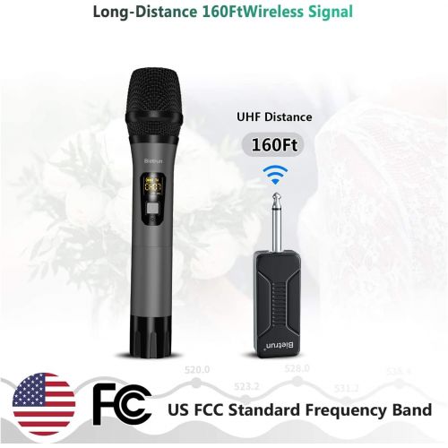  Bietrun Wireless Microphone, UHF Metal Dynamic Handheld Karaoke Mic with Rechargeable Receiver (Work 6hs), 160ft Range, For Karaoke Machine Singing, Amplifier Speaker, Mixer, Speec