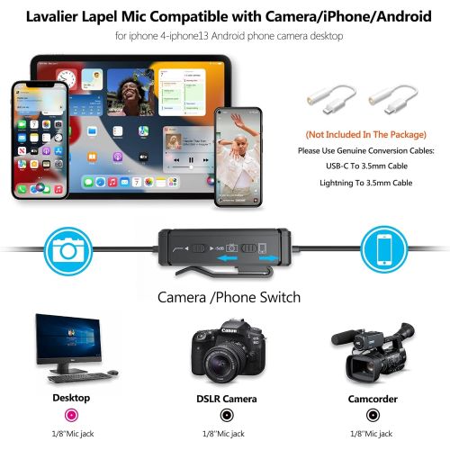  Lapel Microphone for iPhone/Android Phone/DSLR Camera/Pad With Noise Cancelling, Bietrun, Omnidirectional Professional Wired Clip On Lavalier Mic For Interview, Youtube, Tiktok, Re