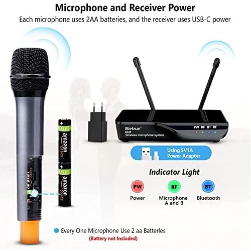  [아마존베스트]Bietrun UHF drahtlos Mikrofon Dual Handmikrofon 50M Funkmikrofonsystem mit Bass/Echo/Treble Soundeffekte Bluetooth zu Musik abspielen 6,35mm/3,5mm/RCA Mischpult Verstarker Karaoke