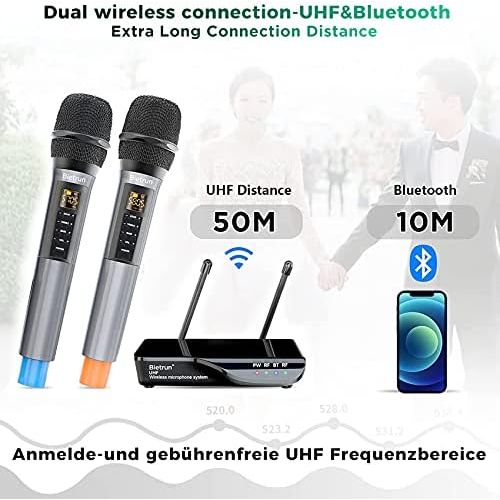  [아마존베스트]Bietrun UHF drahtlos Mikrofon Dual Handmikrofon 50M Funkmikrofonsystem mit Bass/Echo/Treble Soundeffekte Bluetooth zu Musik abspielen 6,35mm/3,5mm/RCA Mischpult Verstarker Karaoke