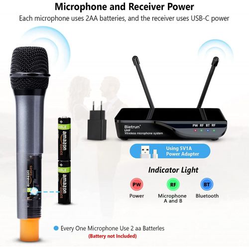  [아마존베스트]Bietrun UHF drahtlos Mikrofon Dual Handmikrofon 50M Funkmikrofonsystem mit Bass/Echo/Treble Soundeffekte Bluetooth zu Musik abspielen 6,35mm/3,5mm/RCA Mischpult Verstarker Karaoke