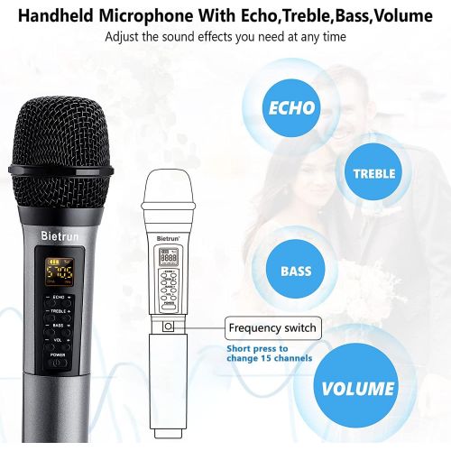  [아마존베스트]Bietrun UHF drahtlos Mikrofon Dual Handmikrofon 50M Funkmikrofonsystem mit Bass/Echo/Treble Soundeffekte Bluetooth zu Musik abspielen 6,35mm/3,5mm/RCA Mischpult Verstarker Karaoke