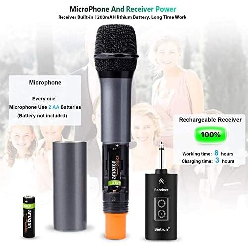  [아마존베스트]Bietrun UHF drahtlos Mikrofon Dual Handmikrofon 30M Funkmikrofonsystem mit Bass/Echo/Treble Soundeffekte Bluetooth zu Musik abspielen 6,35mm/3,5mm Mischpult Verstarker Karaoke Gesa