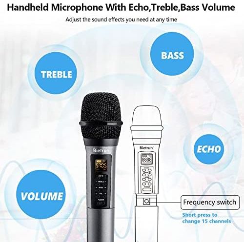  [아마존베스트]Bietrun UHF drahtlos Mikrofon Dual Handmikrofon 30M Funkmikrofonsystem mit Bass/Echo/Treble Soundeffekte Bluetooth zu Musik abspielen 6,35mm/3,5mm Mischpult Verstarker Karaoke Gesa