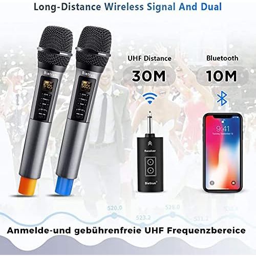  [아마존베스트]Bietrun UHF drahtlos Mikrofon Dual Handmikrofon 30M Funkmikrofonsystem mit Bass/Echo/Treble Soundeffekte Bluetooth zu Musik abspielen 6,35mm/3,5mm Mischpult Verstarker Karaoke Gesa