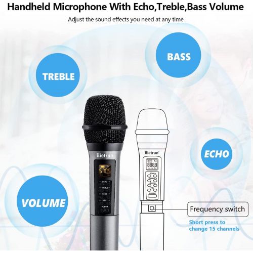  [아마존베스트]Bietrun UHF drahtlos Mikrofon Dual Handmikrofon 30M Funkmikrofonsystem mit Bass/Echo/Treble Soundeffekte Bluetooth zu Musik abspielen 6,35mm/3,5mm Mischpult Verstarker Karaoke Gesa