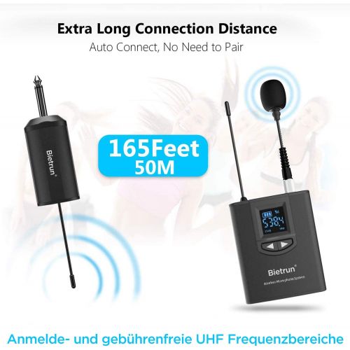  [아마존베스트]Bietrun drahtlos Mikrofon Lavalier Mikrofon Headset Mikrofon Handmikrofon 3in1 UHF Funkmikrofonsystem wiederaufladbar 50M Reichweite 6,35mm& 3,5mm Stecker fuer Verstarker Mischpult