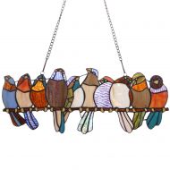 Bieye W10002 10 Tropical Birds Parrots on The Wire Tiffany Style Stained Glass Window Panel Hangings with Chain, 19L x 11.4H