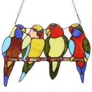 Bieye W10001 Tropical Birds Tiffany Style Stained Glass Window Panel with Chain, 14.5-inch Wide (4 Parrots)