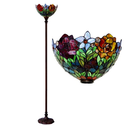  Bieye L10398 15-inches Rose Tiffany Style Stained Glass Torchiere Floor Lamp, 72-inch Tall (Red Rose)