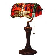 Bieye L10057 Dragonfly 10 inch Tiffany Style Stained Glass Banker Desk Lamp, Table Lamp (Red)