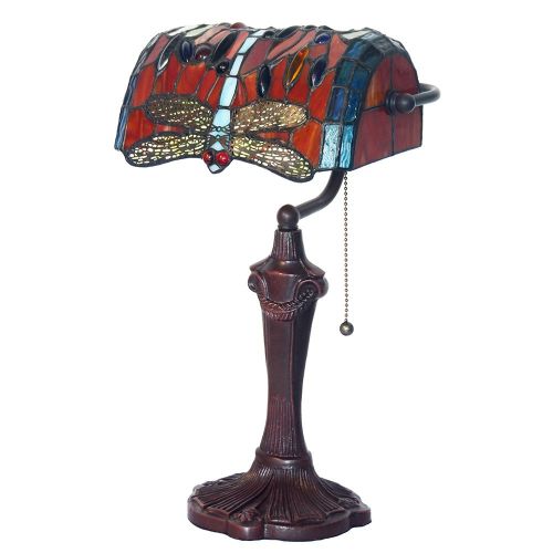  Bieye L10057 Dragonfly 10 inch Tiffany Style Stained Glass Banker Desk Lamp, Table Lamp (Red)