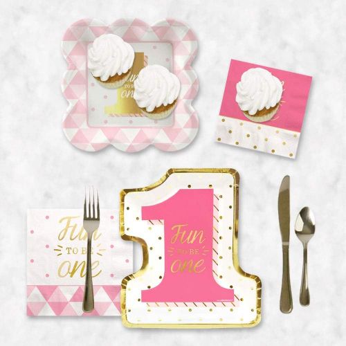  Big Dot of Happiness Fun to be One - 1st Birthday Girl with Gold Foil - Party Tableware Plates, Cups, Napkins - Bundle for 48