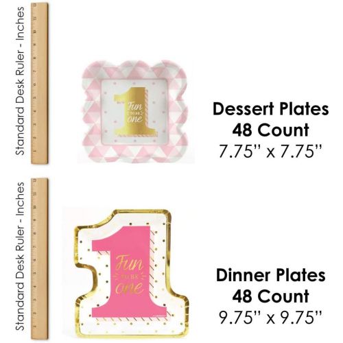  Big Dot of Happiness Fun to be One - 1st Birthday Girl with Gold Foil - Party Tableware Plates, Cups, Napkins - Bundle for 48