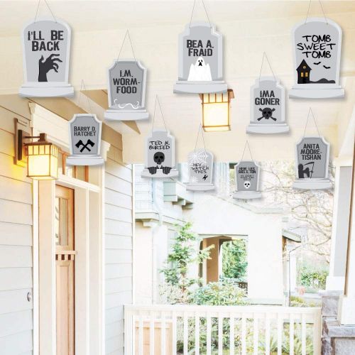  Big Dot of Happiness Hanging Graveyard Tombstones - Outdoor Halloween Party Hanging Porch & Tree Yard Decorations - 10 Pieces