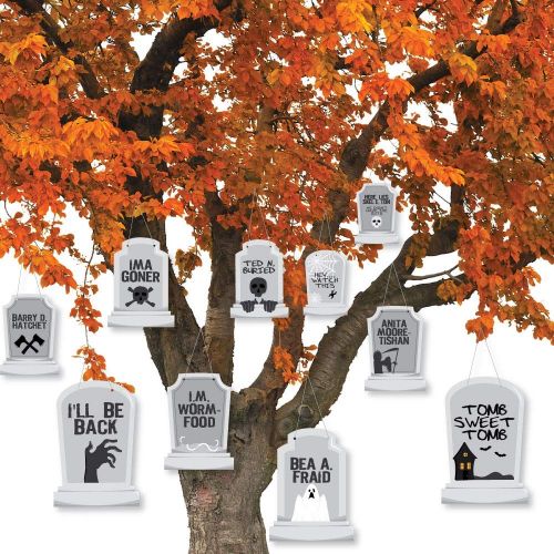  Big Dot of Happiness Hanging Graveyard Tombstones - Outdoor Halloween Party Hanging Porch & Tree Yard Decorations - 10 Pieces