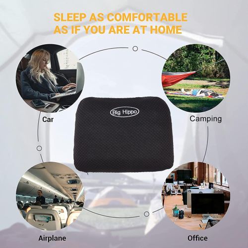  Big Hippo Camping Pillow for Sleeping - Memory Foam Travel Pillow Nap Pillow with Removable Pillow Cover,Soft Small Pillow (Black)