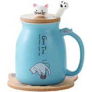 [아마존베스트]BigNoseDeer Cat Mug Cute Ceramic Coffee Cup with Lovely Kitty wooden lid Stainless Steel Spoon,Novelty Morning Cup Tea Milk Christmas Mug 380ML (Blue)