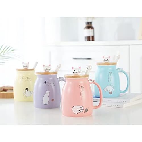  [아마존베스트]BigNoseDeer Cat Mug Cute Ceramic Coffee Cup with Lovely Kitty wooden lid Stainless Steel Spoon,Novelty Morning Cup Tea Milk Christmas Mug 380ML (Blue)