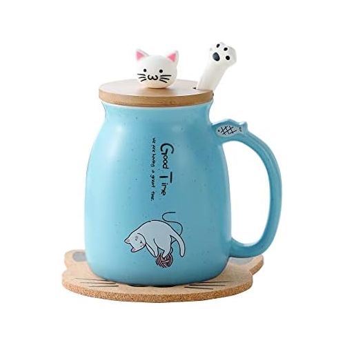  [아마존베스트]BigNoseDeer Cat Mug Cute Ceramic Coffee Cup with Lovely Kitty wooden lid Stainless Steel Spoon,Novelty Morning Cup Tea Milk Christmas Mug 380ML (Blue)