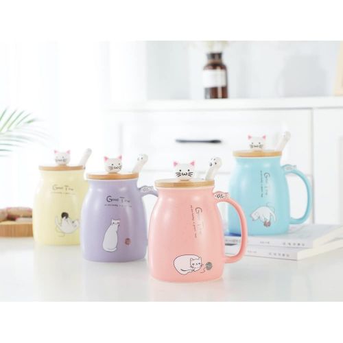  [아마존베스트]BigNoseDeer Cat Mug Cute Ceramic Coffee Cup with Lovely Kitty wooden lid Stainless Steel Spoon,Novelty Morning Cup Tea Milk Christmas Mug 380ML (Blue)