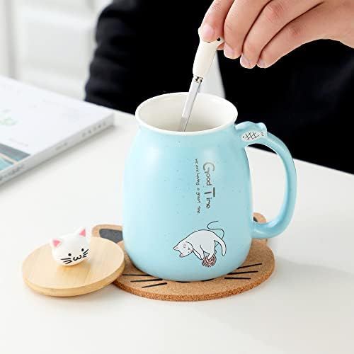  [아마존베스트]BigNoseDeer Cat Mug Cute Ceramic Coffee Cup with Lovely Kitty wooden lid Stainless Steel Spoon,Novelty Morning Cup Tea Milk Christmas Mug 380ML (Blue)