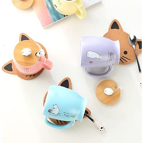  [아마존베스트]BigNoseDeer Cat Mug Cute Ceramic Coffee Cup with Lovely Kitty wooden lid Stainless Steel Spoon,Novelty Morning Cup Tea Milk Christmas Mug 380ML (Blue)