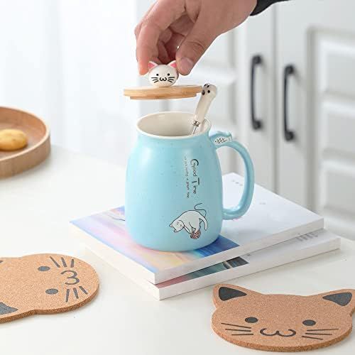  [아마존베스트]BigNoseDeer Cat Mug Cute Ceramic Coffee Cup with Lovely Kitty wooden lid Stainless Steel Spoon,Novelty Morning Cup Tea Milk Christmas Mug 380ML (Blue)