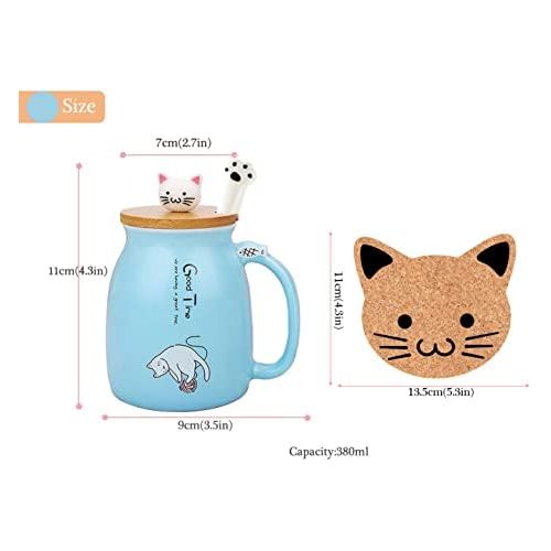  [아마존베스트]BigNoseDeer Cat Mug Cute Ceramic Coffee Cup with Lovely Kitty wooden lid Stainless Steel Spoon,Novelty Morning Cup Tea Milk Christmas Mug 380ML (Blue)