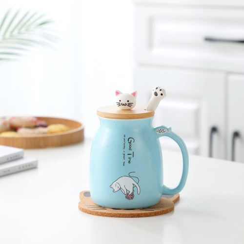  [아마존베스트]BigNoseDeer Cat Mug Cute Ceramic Coffee Cup with Lovely Kitty wooden lid Stainless Steel Spoon,Novelty Morning Cup Tea Milk Christmas Mug 380ML (Blue)