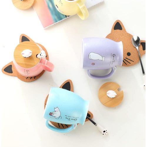  [아마존베스트]BigNoseDeer Cat Mug Cute Ceramic Coffee Cup with Lovely Kitty wooden lid Stainless Steel Spoon,Novelty Morning Cup Tea Milk Christmas Mug 380ML (Blue)