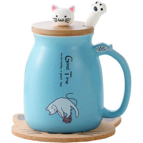  [아마존베스트]BigNoseDeer Cat Mug Cute Ceramic Coffee Cup with Lovely Kitty wooden lid Stainless Steel Spoon,Novelty Morning Cup Tea Milk Christmas Mug 380ML (Blue)