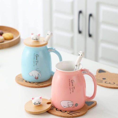  [아마존베스트]BigNoseDeer Cat Mug Cute Ceramic Coffee Cup with Lovely Kitty wooden lid Stainless Steel Spoon,Novelty Morning Cup Tea Milk Christmas Mug 380ML (Blue)