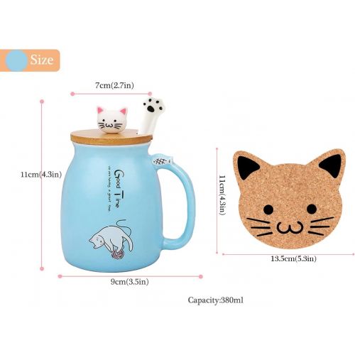  [아마존베스트]BigNoseDeer Cat Mug Cute Ceramic Coffee Cup with Lovely Kitty wooden lid Stainless Steel Spoon,Novelty Morning Cup Tea Milk Christmas Mug 380ML (Blue)