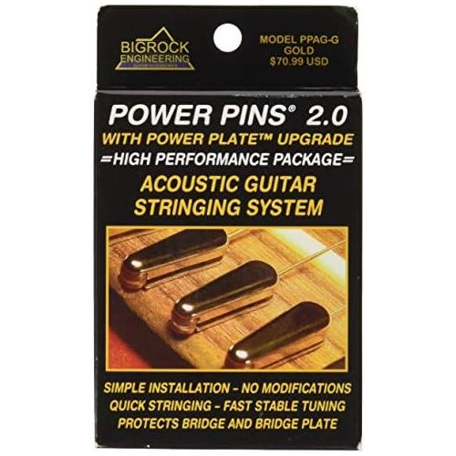  BigRock Innovations Power Pins 2.0 - Gold Chrome Set with Power Plate Upgrade- Patented Bridge Pin System for Acoustic Guitars- Improved Tone, Amplified Sound, Easier Restringing, and Faster Tuning