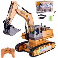 Bigbuyu Remote Control Excavator Fully Functional 8 Channel Die-Cast Construction Crawler Tractor with Lights, Sounds, Independently Rotating Workbench, Cab and Metal Shovel