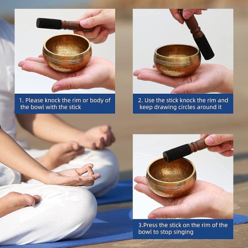  Biggo Tibetan Singing Bowl Set- Perfect resonance Meditation Yoga & Chakra Healing Handmade Bowl - With Mallet & Silk Cushion. Perfect Gift명상종 싱잉볼