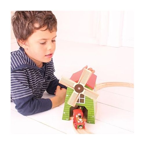  Bigjigs Rail Country Windmill Toy Train Tunnel - Bigjigs Train Accessories, Wooden Train Track Accessories, Windmill for Train Set, Trains for Kids