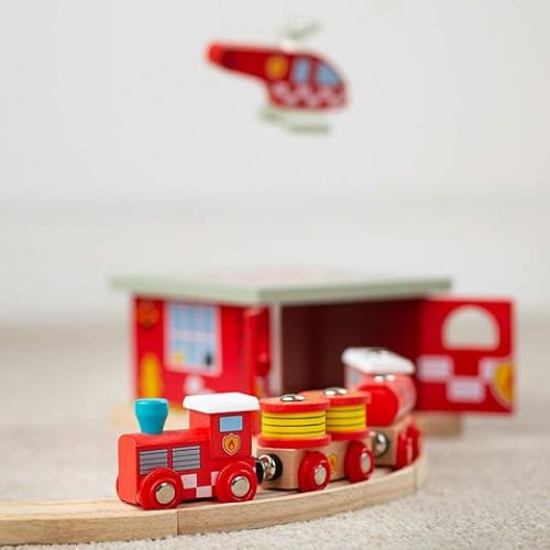  Bigjigs Rail Fire and Rescue Train - Fire Train Toy, Bigjigs Train Accessories Compatible with Most Wooden Train Sets, Quality Wooden Train Accessories